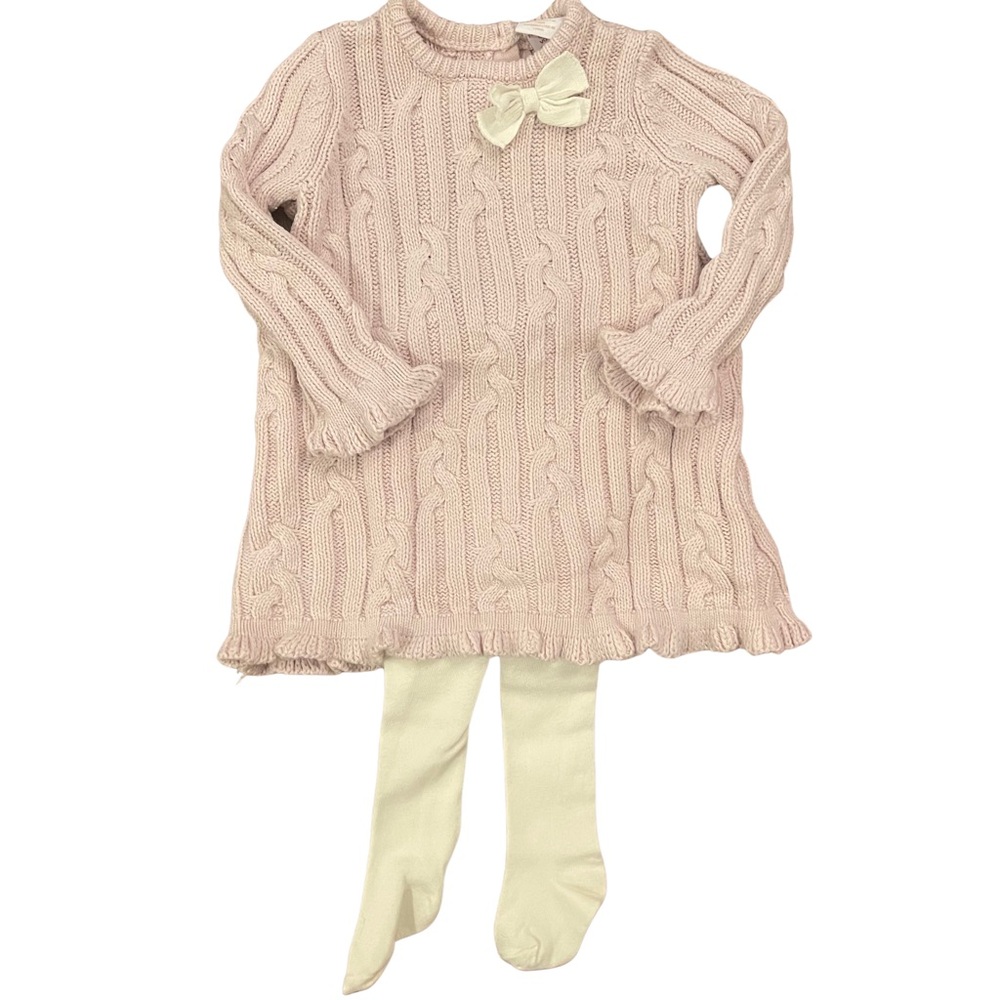 NWOT Shabby Chic Cable Knit Baby Sweater Dress with Cream Bow and Tight 12 Month